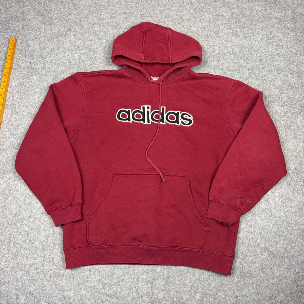 Vintage Adidas Spellout Hoodie Red Large Embroidered Logo Pullover Sweatshirt